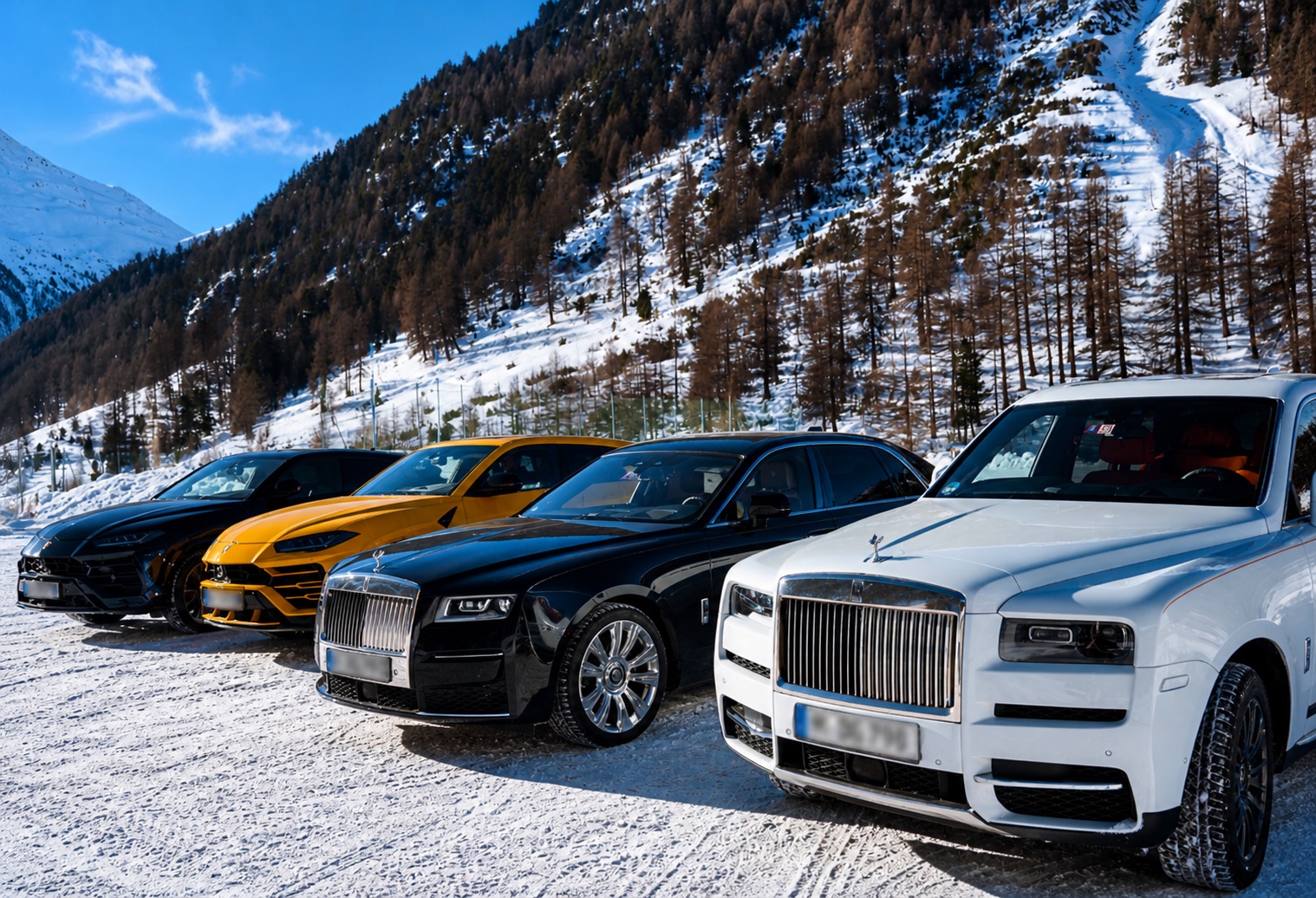 Luxury cars lined up in the snow